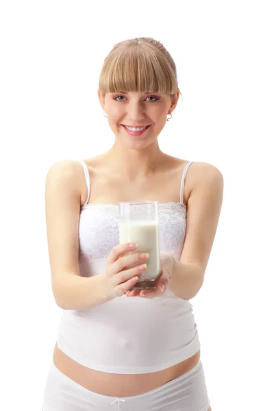 Pregnant woman with milk — Stock Photo, Image