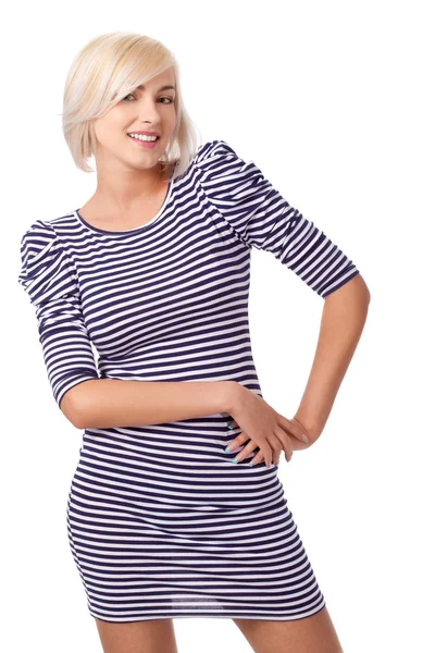 Blonde woman wearing striped dress — Stock Photo, Image