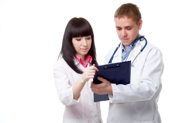Woman and man doctors over white — Stock Photo, Image