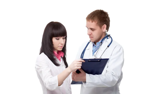 Woman and man doctors over white — Stock Photo, Image