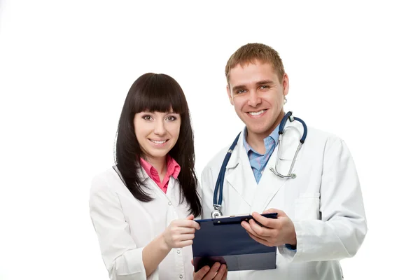 Vrouw en man artsen over Wit — Stockfoto