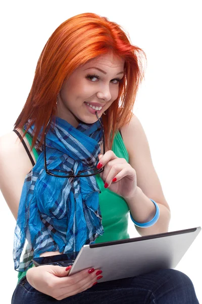 Happy girl with laptop — Stock Photo, Image