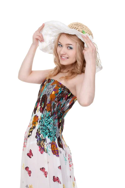 Kobieta pozowanie sobie sukienkę — Zdjęcie stockowe