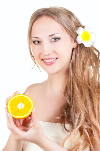 Beautiful woman holding orange — Stock Photo, Image