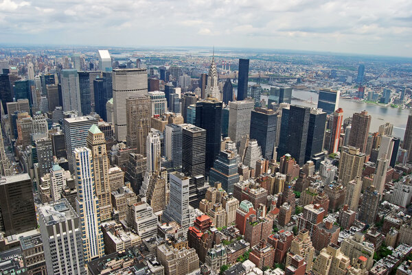 Aerial view of the big apple aka manhattan looking south and east from midtown.