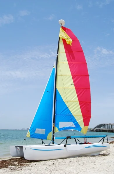 Catamaran met regenboog zeil — Stockfoto