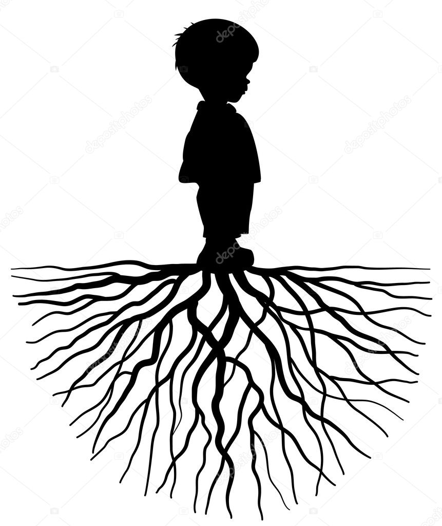 The black silhouette of a child with root