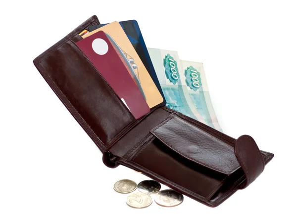 Open wallet with Russian rubles and credit cards — Stock Photo, Image