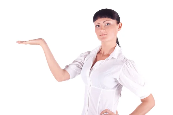 Business woman showing white copy space — Stock Photo, Image