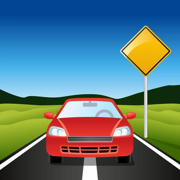 Car on Highway with blank road sign — Stock Photo, Image