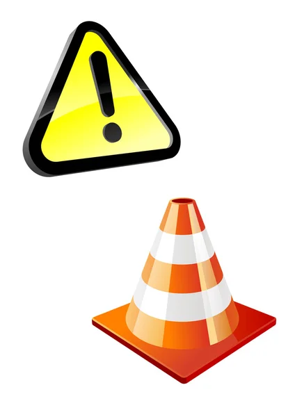 Warning sign and traffic cone — Stock Vector