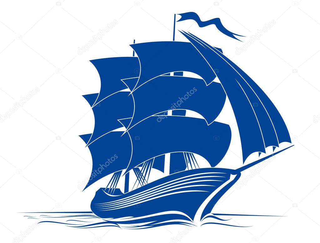 Sail ship in ocean water for travel or another design
