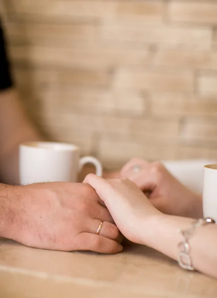 Concept of male and female hands, love and coffee — Stock Photo, Image