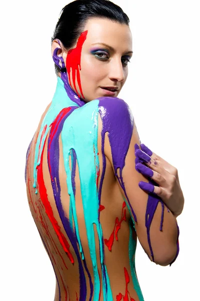 Brunette with colorful body painting — Stock Photo, Image
