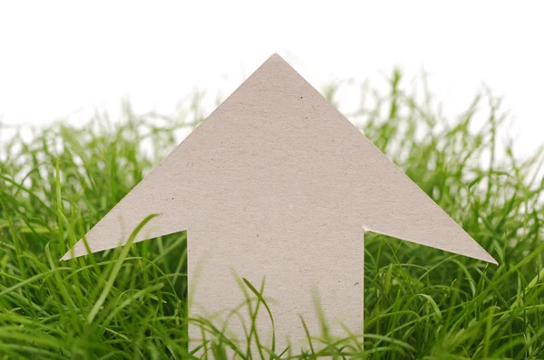 Sinal de direção de papelão na grama verde — Fotografia de Stock