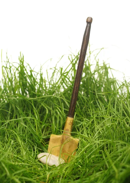 Green grass with garden tools — Stock Photo, Image