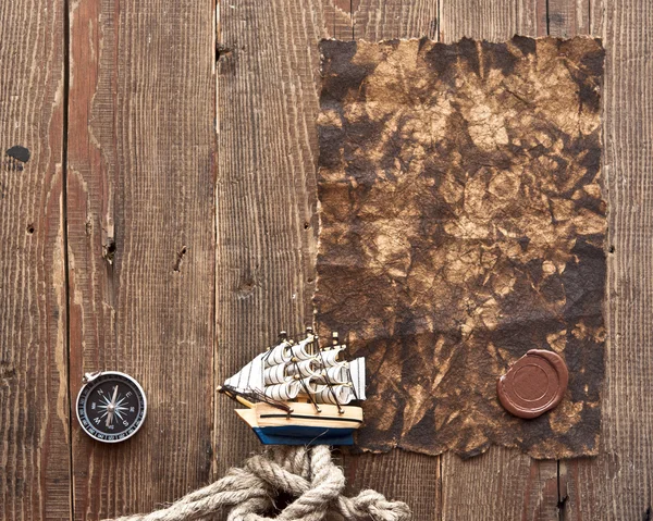 Παλιό χαρτί, σχοινιά και μοντέλο κλασικό σκάφος — Φωτογραφία Αρχείου