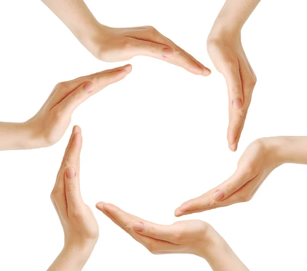 Frauenhände bilden das Recycling-Symbol auf weißem Hintergrund — Stockfoto