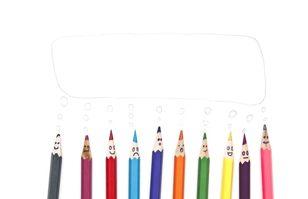 Happy group of pencil faces as social network with speech bubble — Stock Photo, Image