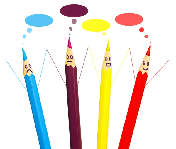 Boldog csoport ceruza arcok, mint szociális háló elszigetelt fehér — Stock Fotó