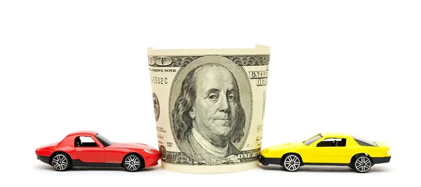 Money and car isolated on the white background — Stock Photo, Image