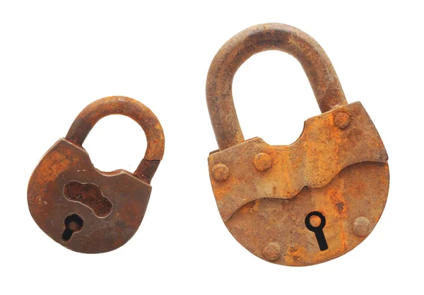 Dois cadeado velho isolado em branco um fundo — Fotografia de Stock