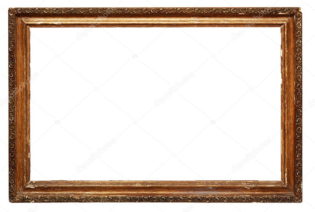 Empty golden vintage frame isolated on white background