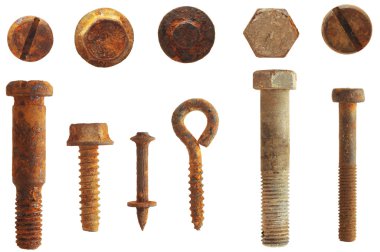 Rusty screws and bolts isolated on white clipart