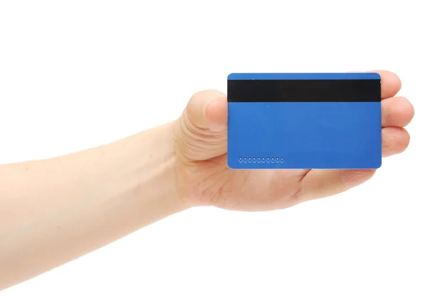Cartão de crédito vazio mão feminina segurando — Fotografia de Stock