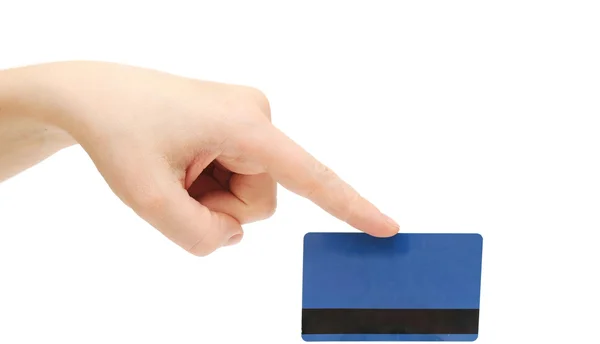 Cartão de crédito vazio mão feminina segurando — Fotografia de Stock