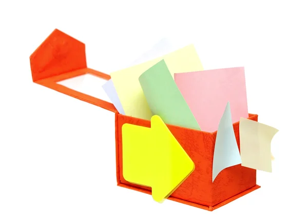 Open box with color reminder notes on a white background. — Stock Photo, Image