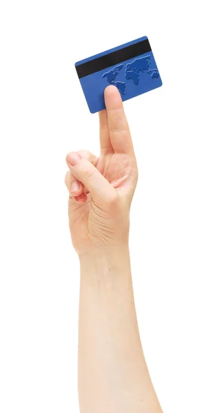 Modrá kreditní karta s mapou světa na ruka drží — Stock fotografie