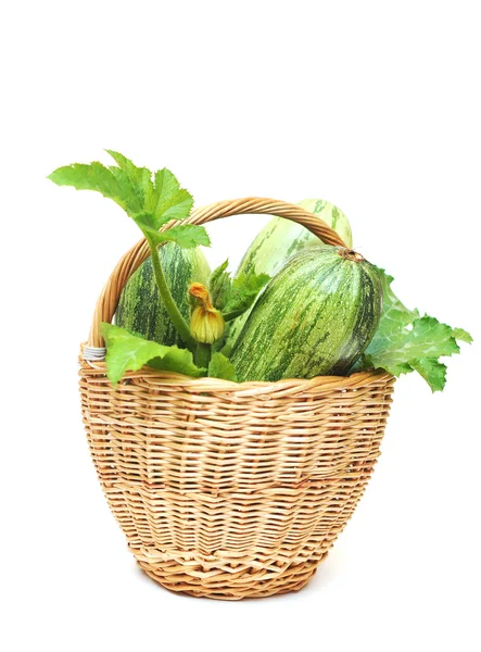 Frutas frescas de calabacín con hojas verdes y flores en la cesta —  Fotos de Stock