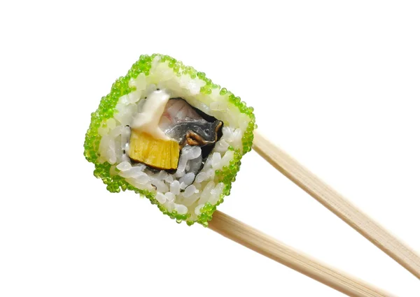Sushi mit Essstäbchen auf weißem Hintergrund — Stockfoto