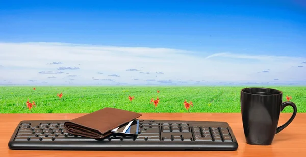 Toetsenbord op een tafel in het veld. — Stockfoto