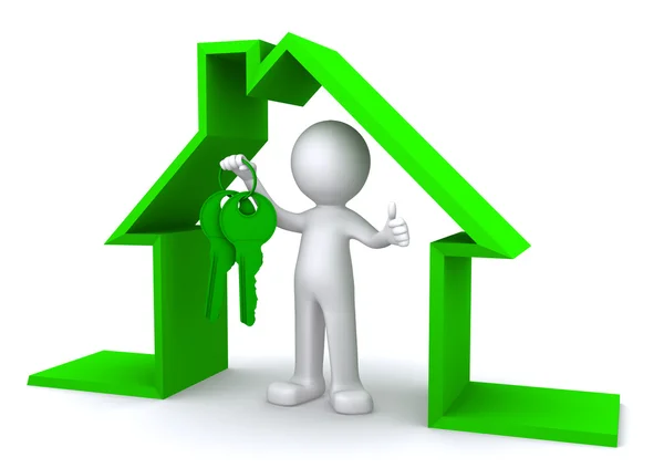 Imagen conceptual de un personaje sosteniendo una llave de la casa dentro de la casa miniatura mod —  Fotos de Stock