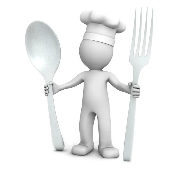 3D chef with spoon and fork — Stock Photo, Image