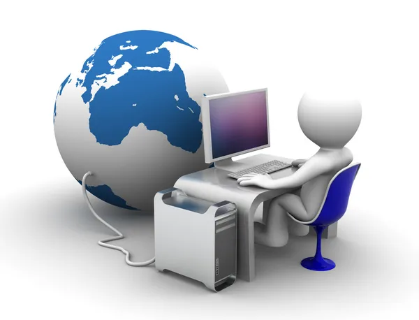Caráter 3d Trabalhando no computador conectado ao globo — Fotografia de Stock