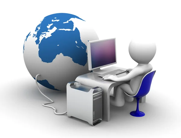 3d character Working on computer connectet to globe — Stock Photo, Image