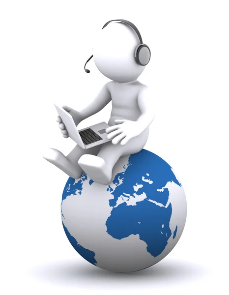 stock image 3d character with laptop sitting on the globe