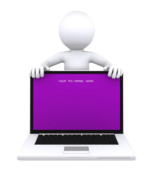 Personagem 3D mostrando laptop com tela vazia — Fotografia de Stock