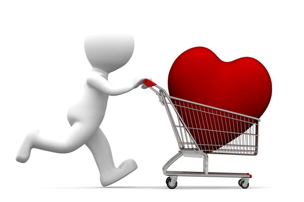 Carrinho de compras de condução de personagem 3d com coração vermelho dentro — Fotografia de Stock