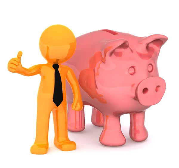 Businessman with piggybank giving a thumbs up. Conceptual business illustra — Stock Photo, Image