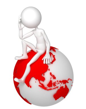 3d man sitting on Earth globe in a thoughtful pose. Asian and Australian si clipart