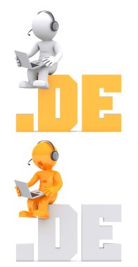 3d character sitting on .DE domain sign. clipart