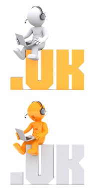 3d character sitting on .UK domain sign. clipart