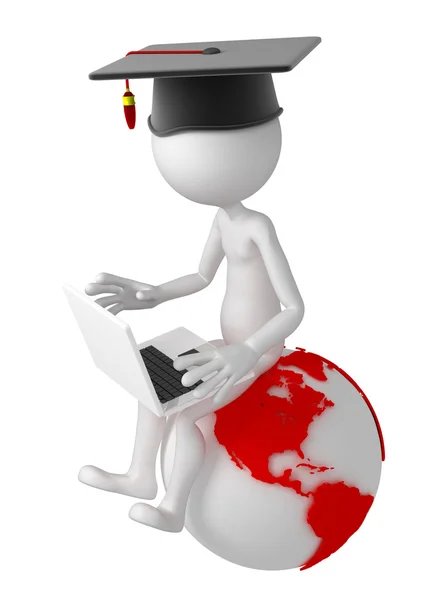 Student with laptop sitting on top of the earth globe — Stock Photo, Image