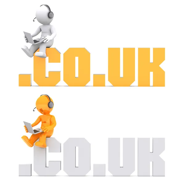3d character sitting on .CO.UK domain sign. — Stock Photo, Image