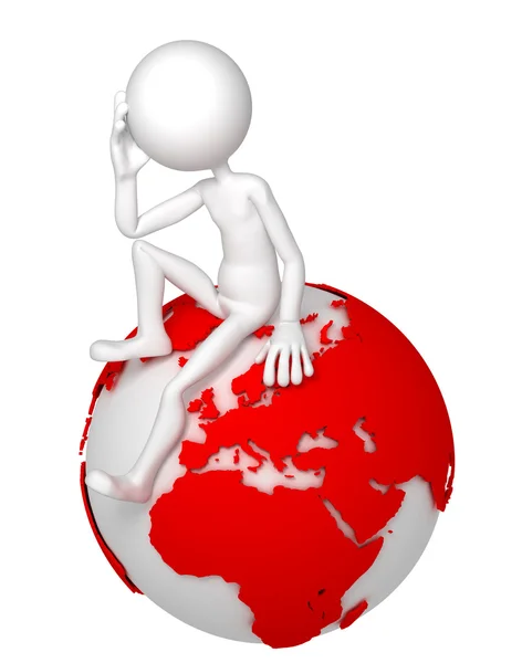 3d man sitting on Earth globe in a thoughtful pose — Stock Photo, Image