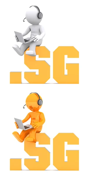 3d character sitting on .SG domain name. — Stock Photo, Image